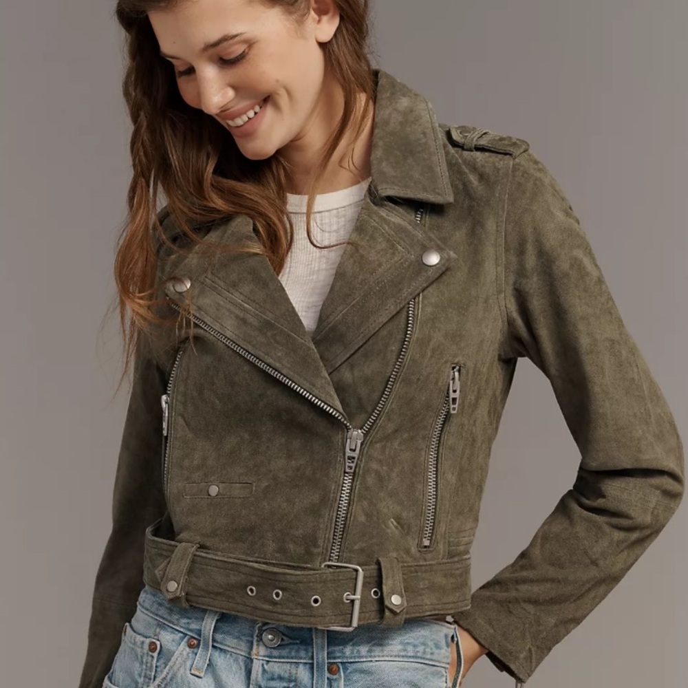 BLANKNYC Herb Green Suede Moto Jacket Belted Biker Leather Jacket M NWOT - Picture 1 of 16